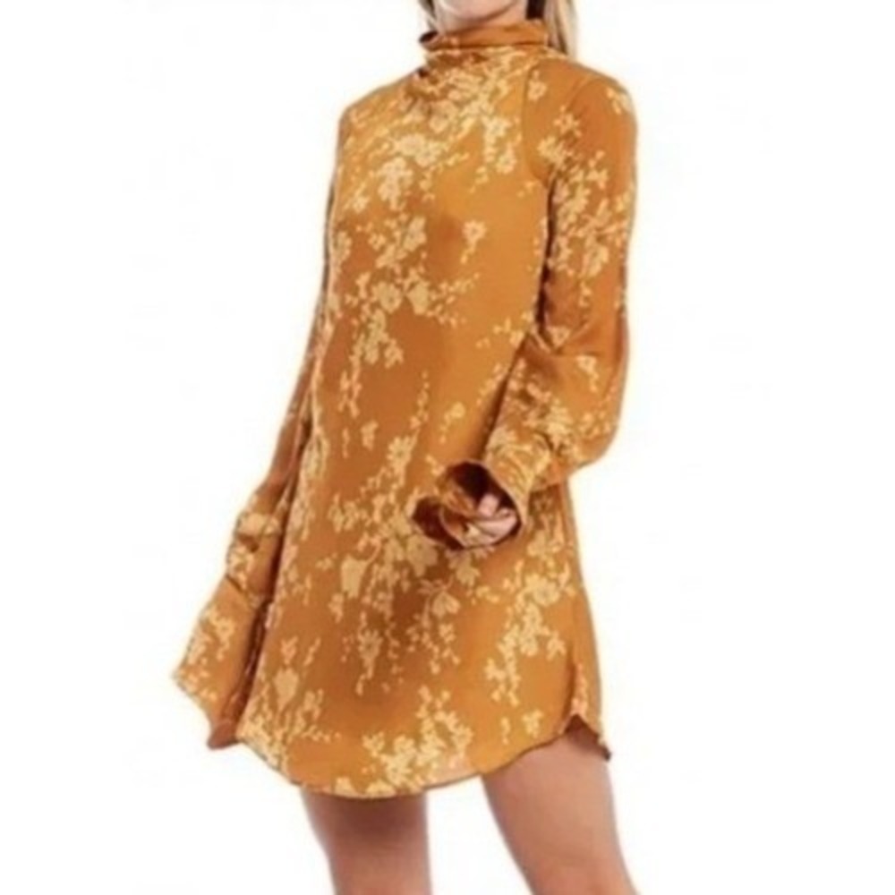 Free People | Floral Open Back Mock Neck Mini Dress Mustard Yellow | Size XS
